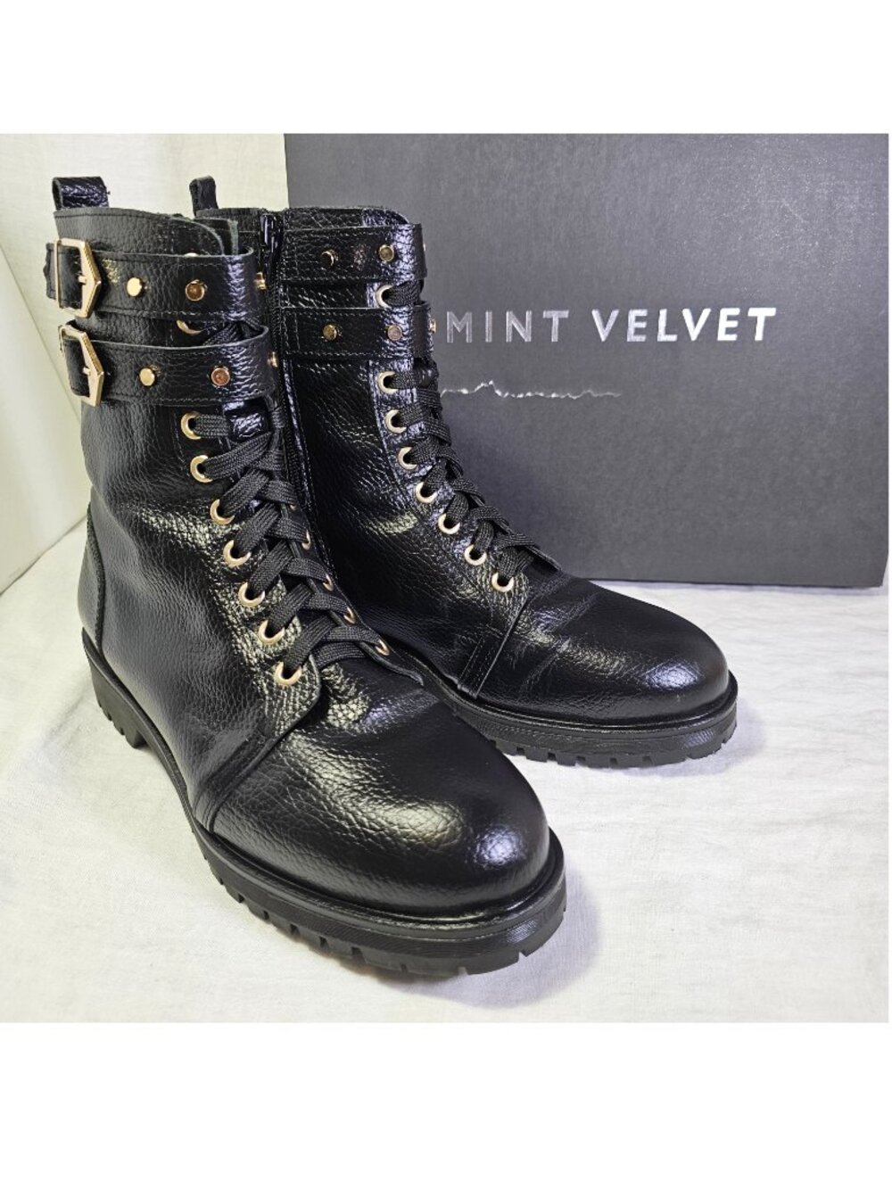 Mint Velvet Lydia Black Leather Lace Up Biker Boots w Buckles & Zipper EU40 US9